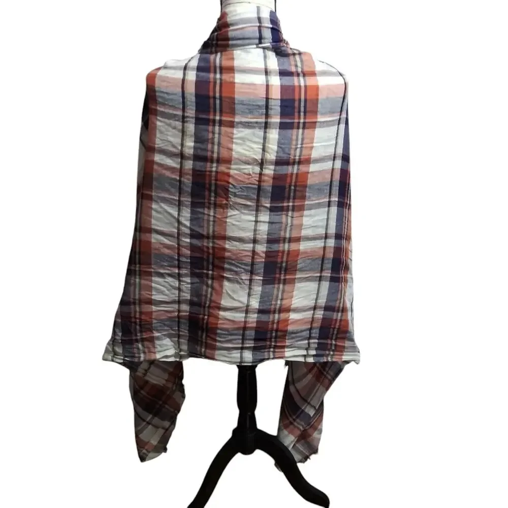 Kitara Plaid Shawl Wrap in Blue and Orange Cotton Casual Layering Size OS